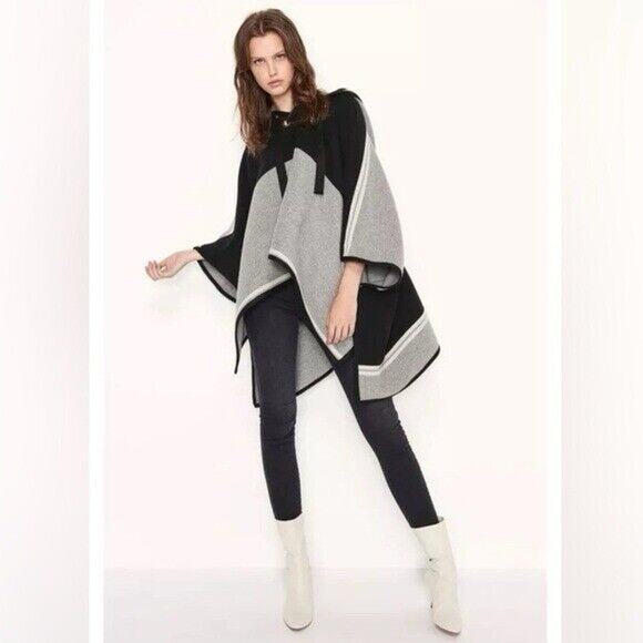 BA&SH Lady Cape Colorblock Poncho Black & Grey Lace Up Neckline Wool Blend-O/S - Picture 1 of 16